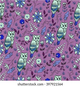 Seamless floral  pattern with owl, hand drawing