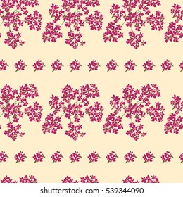 Seamless floral pattern painted by hand. Cute simple crimson flowers on a pale yellow background. Floral vintage background for textile, cover, wallpaper, gift packaging, printing, scrapbooking.