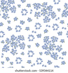 Seamless floral pattern painted by hand. Cute simple light blue flowers on a white background. Floral vintage background for textile, cover, wallpaper, gift packaging, printing, scrapbooking.