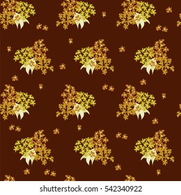 Seamless floral pattern painted by hand. Cute simple yellow and orange flowers on red-brown background. Floral vintage background for textile, cover, wallpaper, gift packaging, printing, scrapbooking.