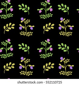 Seamless floral pattern painted by hand. Cute simple flower and fresh sprigs. Floral vintage background for textile, cover, wallpaper, gift packaging, printing, scrapbooking.