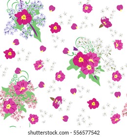 Seamless floral pattern painted by hand. Cute simple flowers on white background. Floral vintage background for textile, cover, wallpaper, gift packaging, printing, scrapbooking.