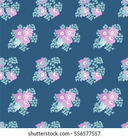 Seamless floral pattern painted by hand. Cute simple flowers on blue background. Floral vintage background for textile, cover, wallpaper, gift packaging, printing, scrapbooking.