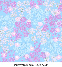 Seamless floral pattern painted by hand. Cute simple flowers on light blue background. Floral vintage background for textile, cover, wallpaper, gift packaging, printing, scrapbooking.