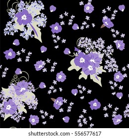 Seamless floral pattern painted by hand. Cute simple flowers on black background. Floral vintage background for textile, cover, wallpaper, gift packaging, printing, scrapbooking.