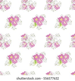 Seamless floral pattern painted by hand. Cute simple flowers on white background. Floral vintage background for textile, cover, wallpaper, gift packaging, printing, scrapbooking.