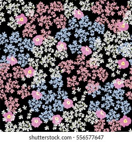 Seamless floral pattern painted by hand. Cute simple flowers on black background. Floral vintage background for textile, cover, wallpaper, gift packaging, printing, scrapbooking.