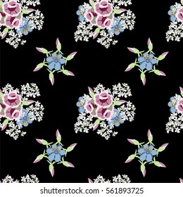 Seamless floral pattern painted by hand. Cute simple flowers and roses on black background. Floral vintage background for textile, cover, wallpaper, gift packaging, printing, scrapbooking.