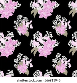 Seamless floral pattern painted by hand. Cute simple flowers, clematis and bluebell. Floral vintage background for textile, cover, wallpaper, gift packaging, printing, scrapbooking.