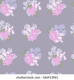 Seamless floral pattern painted by hand. Cute simple flowers, clematis and bluebell. Floral vintage background for textile, cover, wallpaper, gift packaging, printing, scrapbooking.