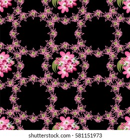 Seamless floral pattern painted by hand. Cute simple flowers on black background. Floral vintage background for textile, cover, wallpaper, gift packaging, printing, scrapbooking.