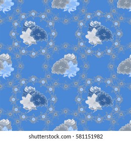 Seamless floral pattern painted by hand. Cute simple flowers on blue background. Floral vintage background for textile, cover, wallpaper, gift packaging, printing, scrapbooking.
