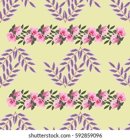 Seamless floral pattern painted by hand. Cute simple pink flowers and fresh twigs. Floral vintage background for textile, cover, wallpaper, gift packaging, printing.