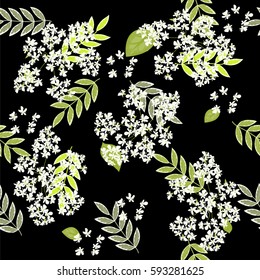 Seamless floral pattern painted by hand. Cute small flowers and fresh sprigs on black background. Floral vintage background for textile, cover, wallpaper, gift packaging, printing.