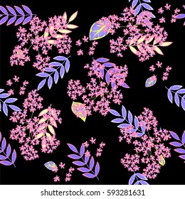 Seamless floral pattern painted by hand. Cute small flowers and fresh sprigs on black background. Floral vintage background for textile, cover, wallpaper, gift packaging, printing.