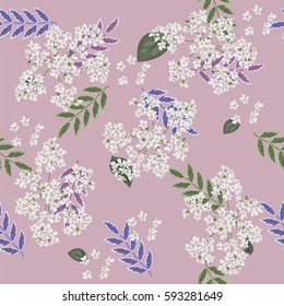 Seamless floral pattern painted by hand. Cute small flowers and fresh sprigs on pink background. Floral vintage background for textile, cover, wallpaper, gift packaging, printing.