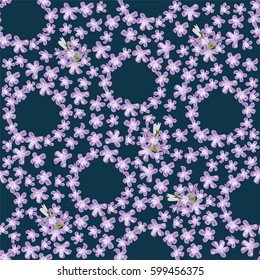 Seamless floral pattern painted by hand. Cute simple lilac flowers on dark blue background. Floral vintage background for textile, cover, wallpaper, gift packaging, printing.