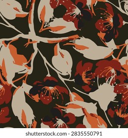 Seamless floral pattern with painted Cotoneaster conspicuus flowers, leaves, and rustic brush stroke textures in earthy terracotta and beige tones.