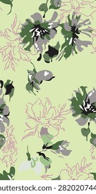 Seamless floral pattern with painted green and grey blossom illustrations on light green, seamless