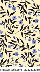 Seamless floral pattern with painted small plants. Small flowers with stems and leaves in an abstract composition, polka dots. Vintage floral print with hand drawn blue flowers. Vector.