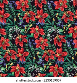 Seamless floral pattern: painted tropical plants, large exotic flowers, leaves. Beautiful botanical print with ornate vintage garden, red lily flowers, foliage on dark background. Vector illustration.