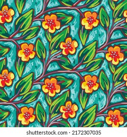 Seamless floral pattern with painting flowers branch, leaves. Artistic spring print, beautiful botanical background with hand drawn plants, flowers, leaves on a branch. Vector illustration.
