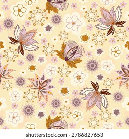 Seamless floral pattern with paisley and pink small flowers, Floral seamless pattern flowers ,Vector clipart seamless pattern with stylized exotic flowers