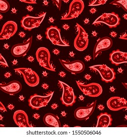 Seamless floral pattern in paisley style. On a black background are red Turkish cucumbers and flowers. Print for textiles and paper. Vector illustration.