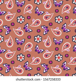 Seamless floral pattern in paisley style. Stylized flowers, butterflies and Turkish cucumbers are located on a light background. Print for textiles and paper. Vector illustration.