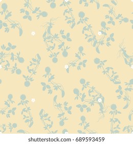 Seamless floral pattern. Pale blue gray silhouettes of wild clover and small white blossom on beige background. Delicate vintage style.