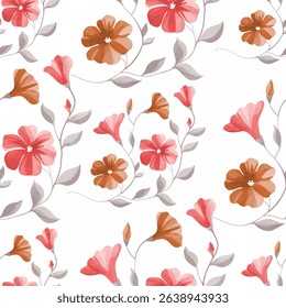 A seamless floral pattern. Pale, greyish-silver colored vines and stems wind through the image. The pattern features repeating light coral-pink and caramel-brown flowers with delicate.