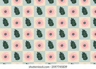 Seamless floral pattern with pale pink flowers and dark green leaves on a soft pastel background. Great for eco-friendly packaging, fabric, and wallpapers.