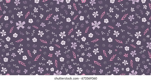 Seamless floral pattern in palette of dusty purple, pale violet, gray and pink. All over vector print of tiny flowers and plants. Modern millefleurs design for clothing fabric prints & stationery.