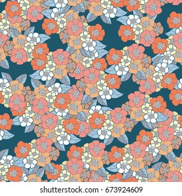Seamless floral pattern in palette of orange, red, yellow and teal blue. All over flower ornament for clothing fabric prints, home textiles, gift wrap and stationery. 