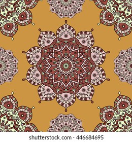 Seamless floral pattern in palette of terracotta red, pink & ivory on dark tangerine orange background. Vector ornamental print inspired by Oriental/Turkish, Ottoman/Arabic/Indian decorative arts.