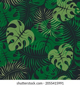 seamless floral pattern with palm leaves and monstera