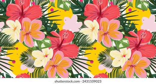 Seamless Floral Pattern with Palm Leaves, Monstera, Hibiscus and Frangipani.