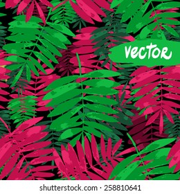 seamless floral pattern palm leaves on a dark background, ornament of green and red leaves on black background. vector plants ornament dark jungle