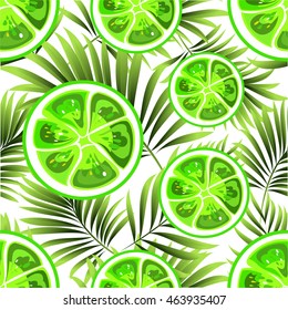 Seamless floral pattern with palm leaves and fresh ripe tropical citrus