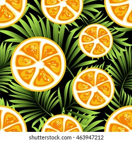 Seamless floral pattern with palm leaves and fresh ripe tropical citrus