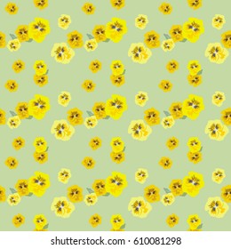Seamless floral pattern with pansies on a light green background. Delicate spring fashionable background for textiles, Wallpaper, and various designs. vector