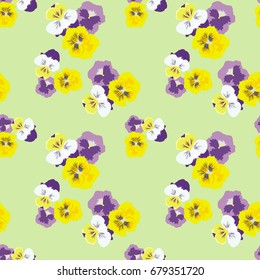 Seamless floral pattern with pansies on a gentle green background. Delicate fashionable background for textiles, gift wrap, covers, print, and various designs. vector