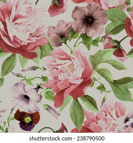 Seamless floral pattern with pansy,  convolvulus and peonies, watercolor. Vector illustration. 