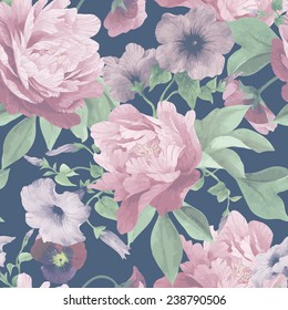 Seamless floral pattern with pansy,  convolvulus and peonies, watercolor. Vector illustration. 