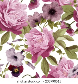 Seamless floral pattern with pansy,  convolvulus and peonies, watercolor. Vector illustration. 