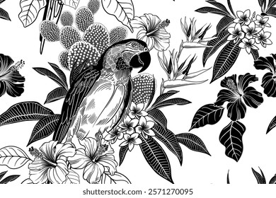 Seamless floral pattern. Parrot on a branch of a blossoming tree. Floral background. Bird, cacti, Turkish rose, plumeria. Vintage. Vector illustration. Black and white. For textile, wallpaper, paper.