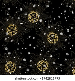 Seamless floral pattern with passion flower blossom and snowflakes. Seasonal botanical monochrome design.