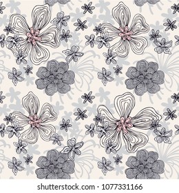 Seamless Floral Pattern With pastel color Flowers On Monochrome Background