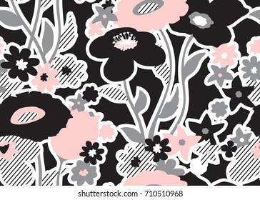 Seamless Floral Pattern With pastel color Flowers On Monochrome Background
