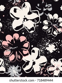 Seamless Floral Pattern With pastel color flowers on monochrome background, brush color splash